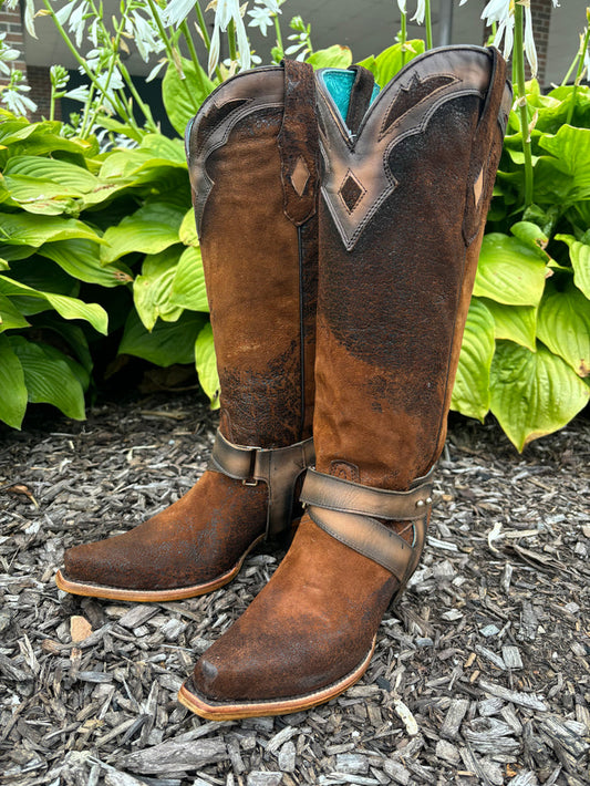 Corral Women's Dark Brown Lamb Leather Overlay & Harness Snip Toe Cowgirl Boots F1369-Painted Cowgirl Western Store