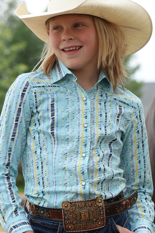 Cruel Denim Girl's Blue Abstract Stripe Snap Long Sleeve Western Shirt CTW8040018
