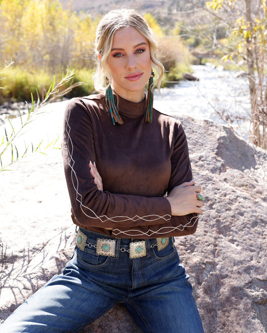 Cruel Girl Denim Women's Brown Faux Suede Boot Stitch Long Sleeve Shirt CTK7549001