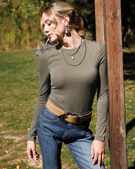 Cruel Girl Denim Women's Olive Green Metallic Stripe Long Sleeve Knit Shirt CTK7530003