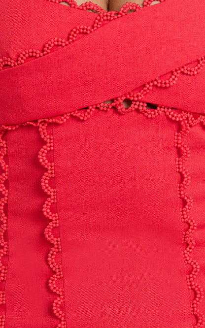 Gigi Mini Linen Blend Dress - Sweetheart Tie Back Scallop Detail Dress in Red