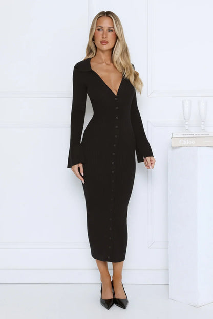 Snow Kiss Soirée Ribbed Midi Dress Black