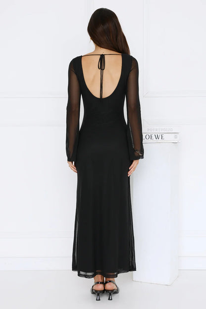 Golden Flower Mesh Long Sleeve Maxi Dress Black