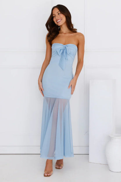 Misty Morning Magic Strapless Mesh Maxi Dress Blue