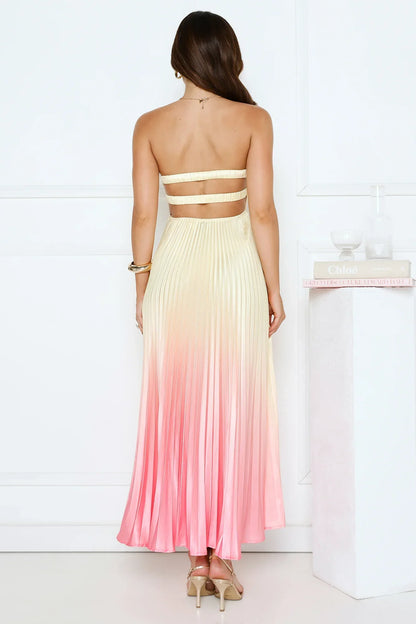 Melting Sunset Satin Strapless Maxi Dress Yellow