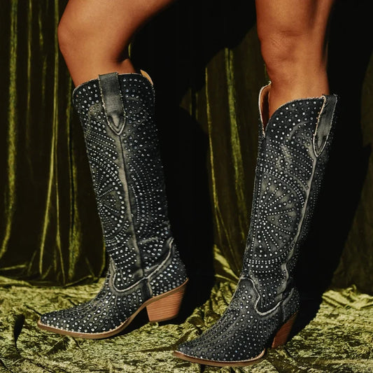 Dingo Women's Honkytonk Honey Black Denim Snip Toe Tall Rhinestone Cowgirl Boots DI162-Painted Cowgirl Western Store