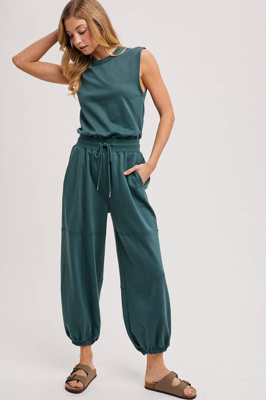 DRAWSTRING WAIST SLEEVELESS KNIT ACTIVE JUMPSUIT