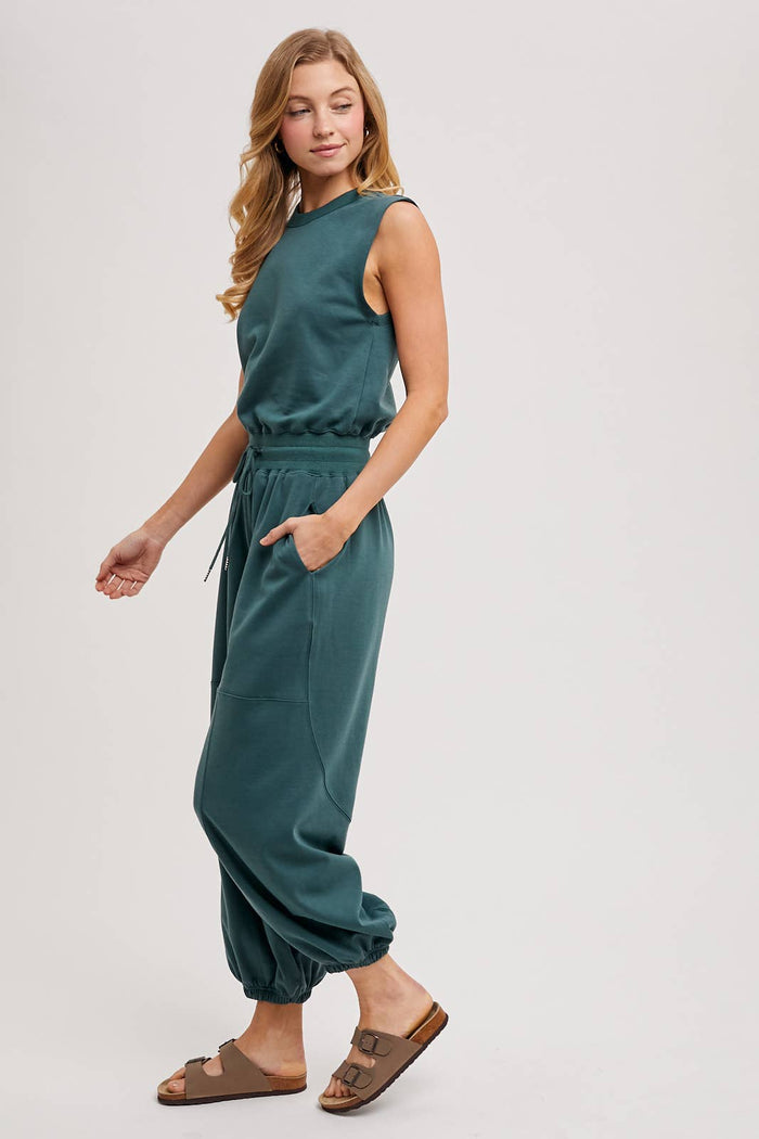 DRAWSTRING WAIST SLEEVELESS KNIT ACTIVE JUMPSUIT