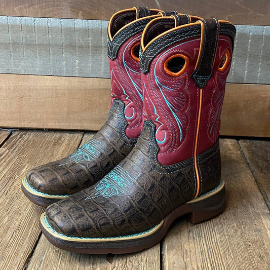 Durango Children’s & Youth Brown & Pink Gator Embossed Square Toe Western Boot DBT0233C DBT0233Y-Painted Cowgirl Western Store