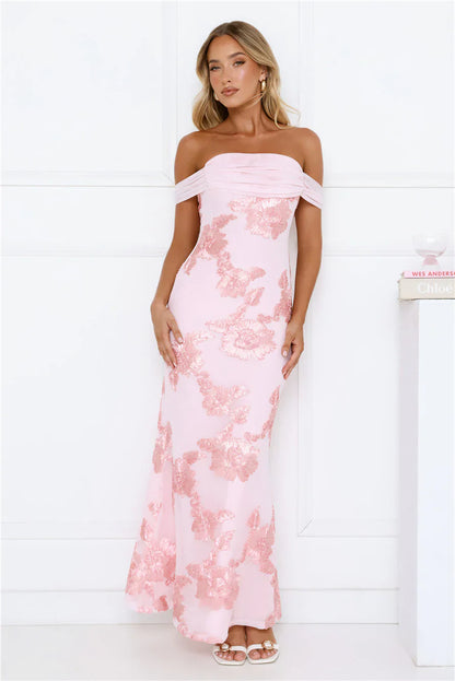 Lush Bloom Embroidered Off Shoulder Maxi Dress Pink