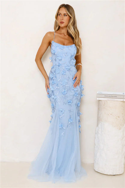 Petals In The Night Mesh Maxi Dress Blue