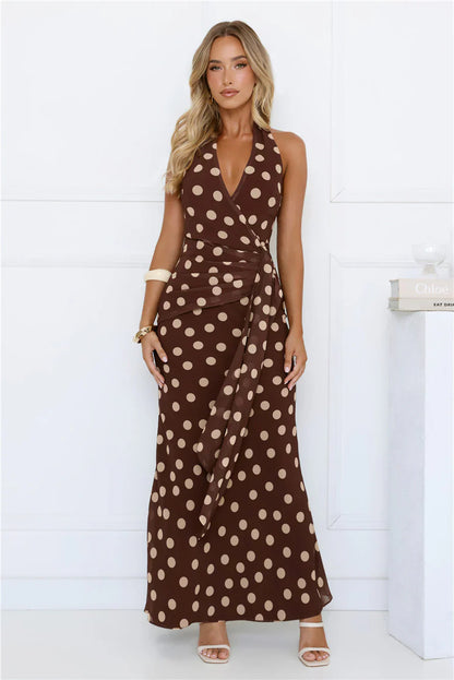 Nova Nights Halter Polka Dot Maxi Dress Brown
