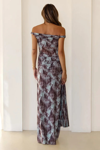 Mystic Marble Print Off Shoulder Maxi Dress Teal
