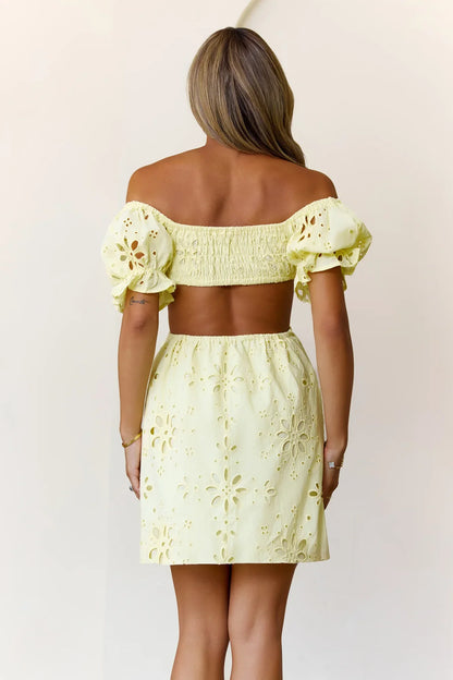 Love That Lasts Off Shoulder Embroidered Mini Dress Yellow