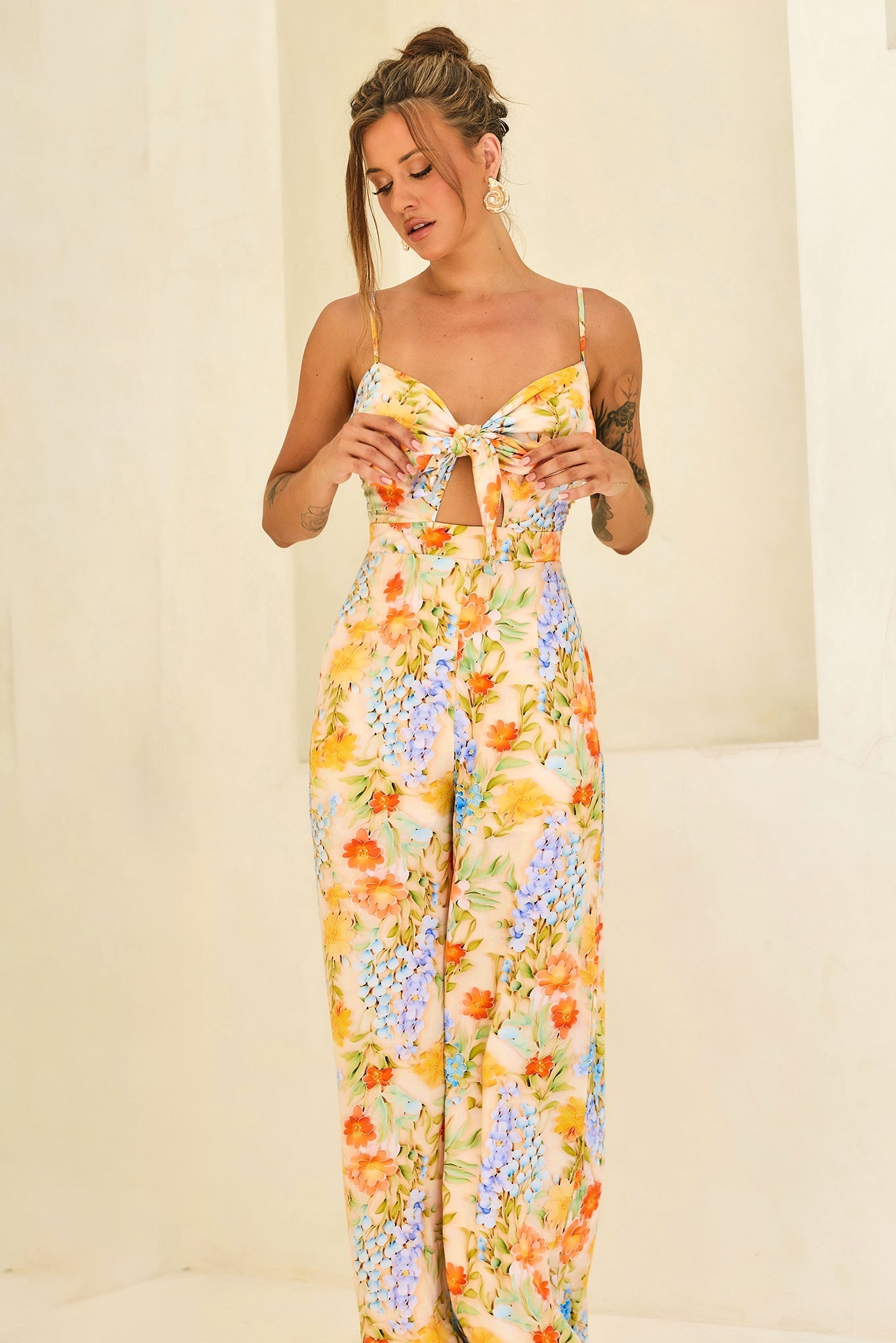 Floral Serenade Rayon Jumpsuit - Yellow Multi