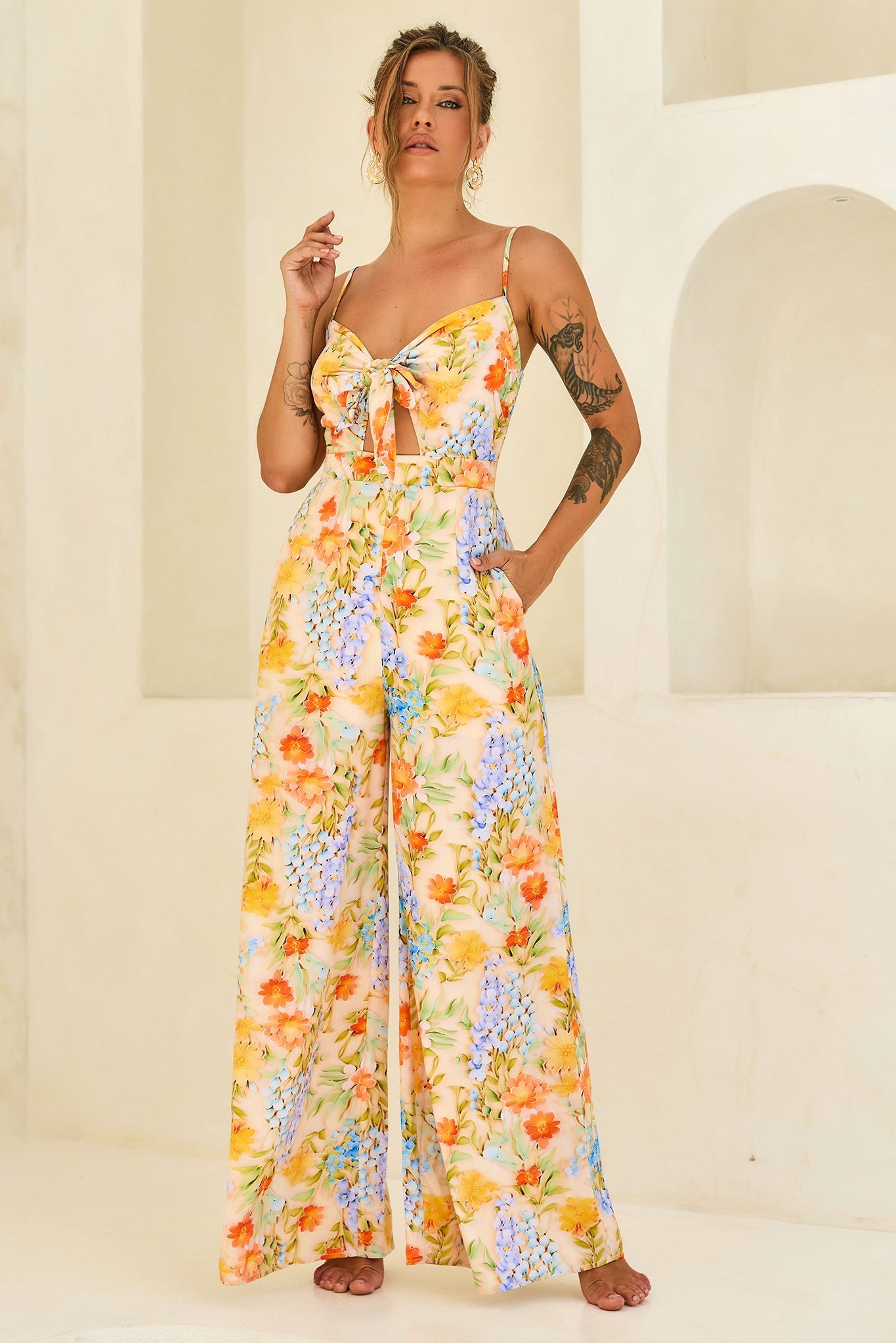 Floral Serenade Rayon Jumpsuit - Yellow Multi