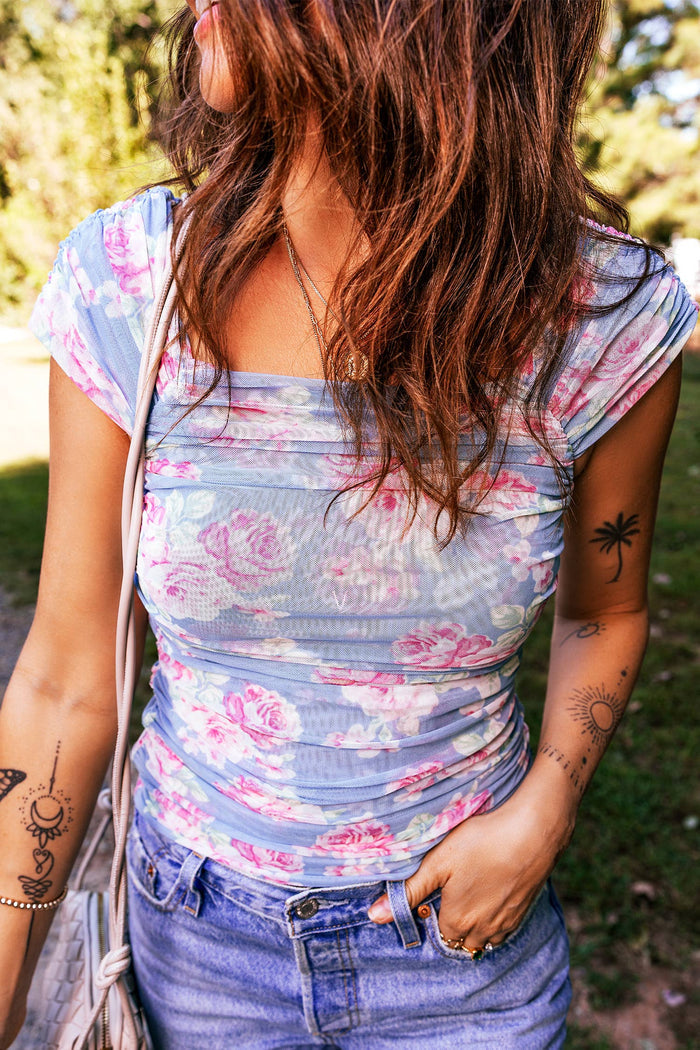 Floral Square Mesh Top