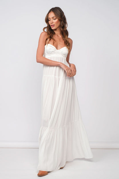 Blaire White Satin Tiered Maxi Dress