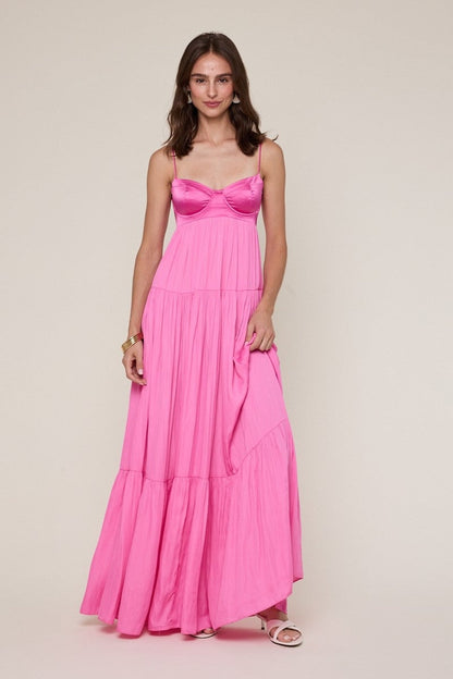 Blaire Pink Satin Tiered Maxi Dress