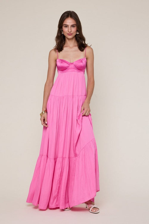 Blaire Pink Satin Tiered Maxi Dress