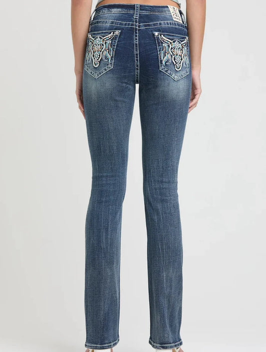 Grace in LA Easy Fit Women's Steerhead & Feathers Embellished Pocket Bootcut Jeans EB61937