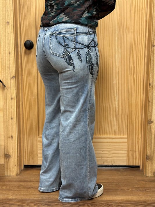 Grace in LA Harmony Fit Women's Dream Catcher Feather Embroidered Wide Leg Jeans HLG9614