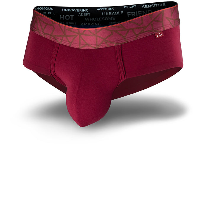 Maroon men's underwear with a black waistband on a white background