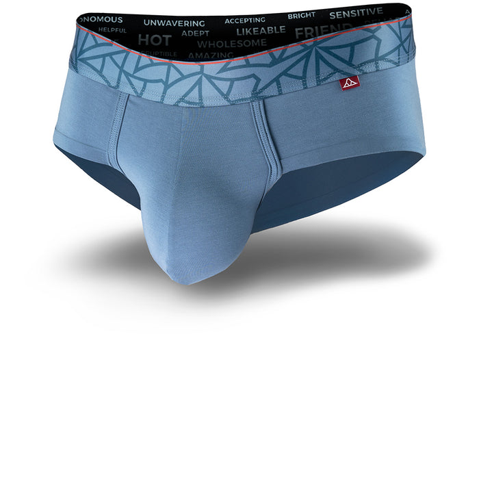 Blue men's underwear with a patterned waistband on a white background