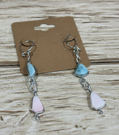 Handmade Conch & Larimar Natural Stone Teardrop Silver Dangle Earrings