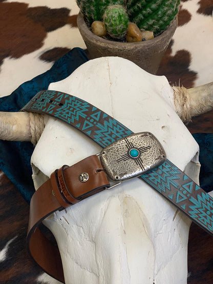 Hooey 'Dakota' Brown Turquoise Aztec Embossed Faux Turquoise Buckle Leather Belt HWBLT010-Painted Cowgirl Western Store
