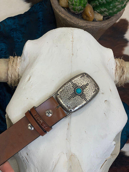 Hooey 'Dakota' Brown Turquoise Aztec Embossed Faux Turquoise Buckle Leather Belt HWBLT010-Painted Cowgirl Western Store