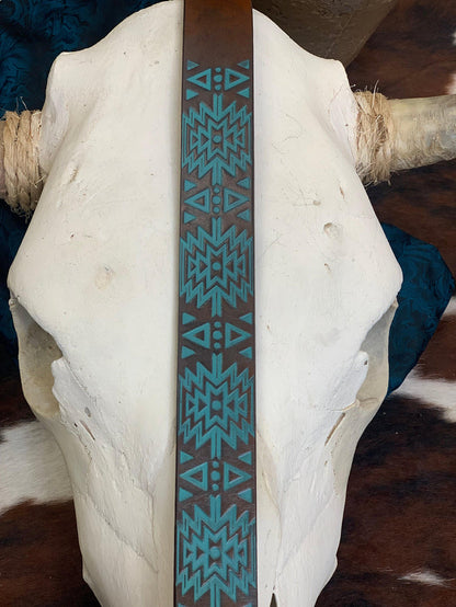 Hooey 'Dakota' Brown Turquoise Aztec Embossed Faux Turquoise Buckle Leather Belt HWBLT010-Painted Cowgirl Western Store