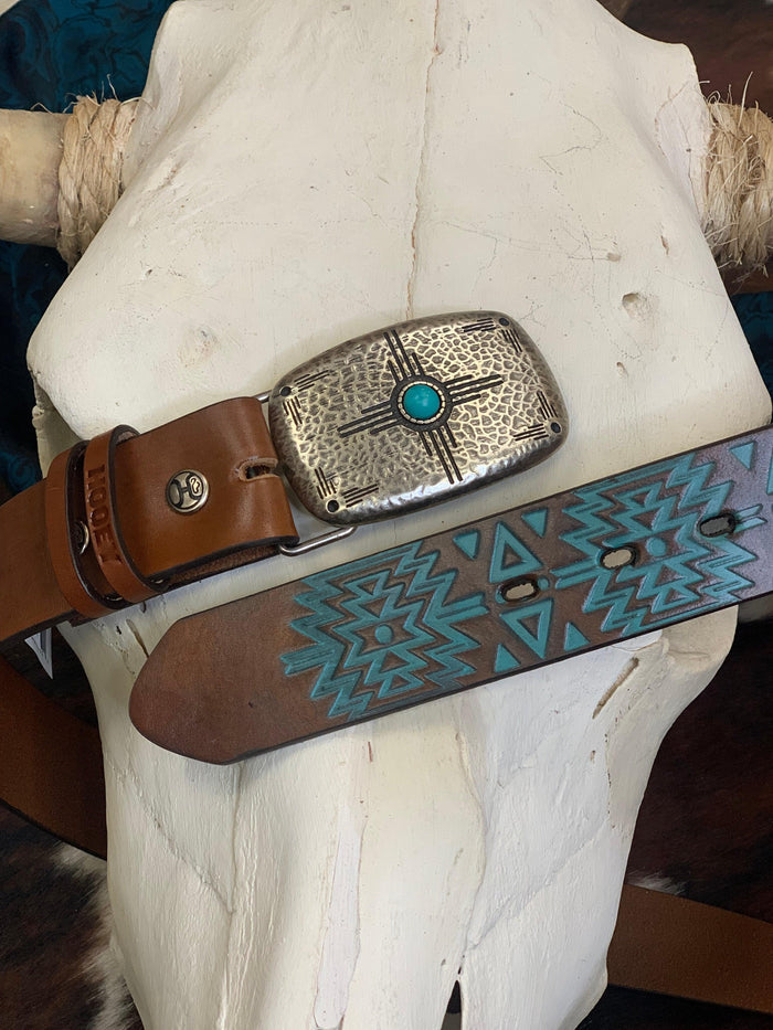 Hooey 'Dakota' Brown Turquoise Aztec Embossed Faux Turquoise Buckle Leather Belt HWBLT010-Painted Cowgirl Western Store