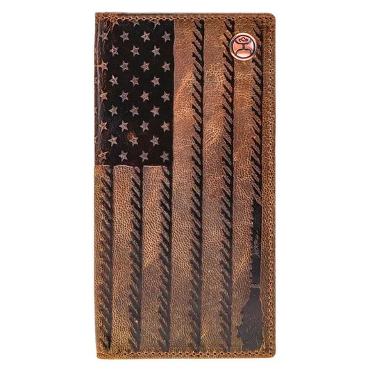 Hooey Liberty Roper Brown Flag Embossed Distressed Leather Rivet Logo Rodeo Wallet HW003-BRBK
