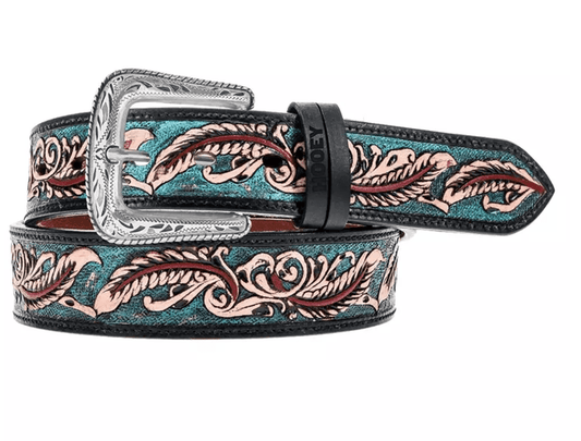 Hooey "Sequoia" Black & Turquoise Feather Filigree Leather Belt HWBLT026