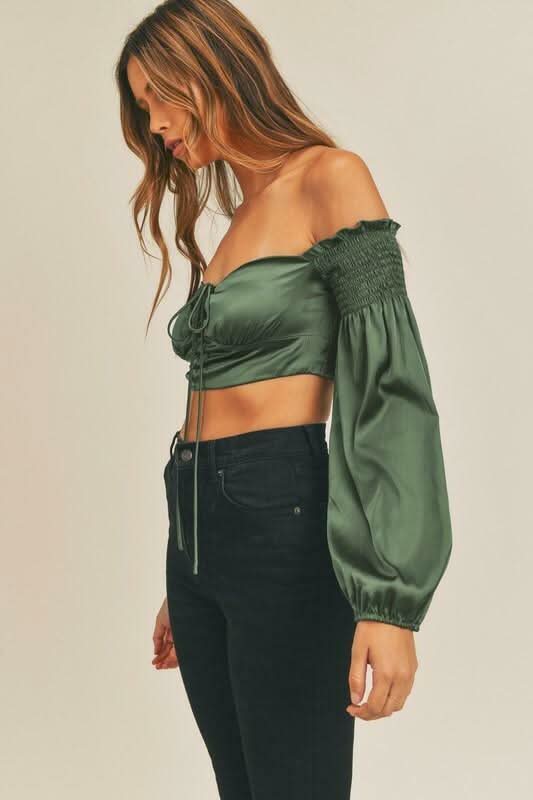 Bri Hunter Green Satin Off-Shoulder Long Sleeve Crop Top