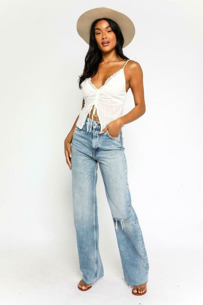 By The Prairie White Eyelet Drawstring Crop Top