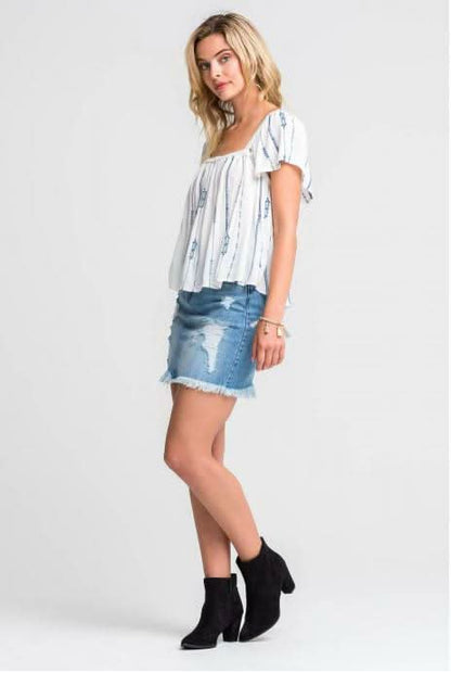 Cabo Skies White and Blue Embroidered Flowy Top