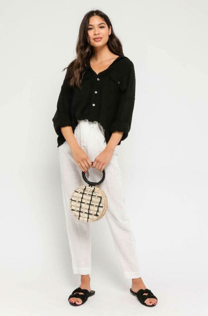 Beach Please Black Frayed Button-Up Top
