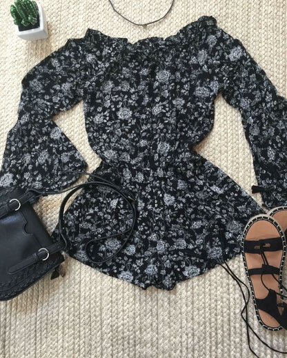 Brenda Black and White Floral Off-the-Shoulder Romper