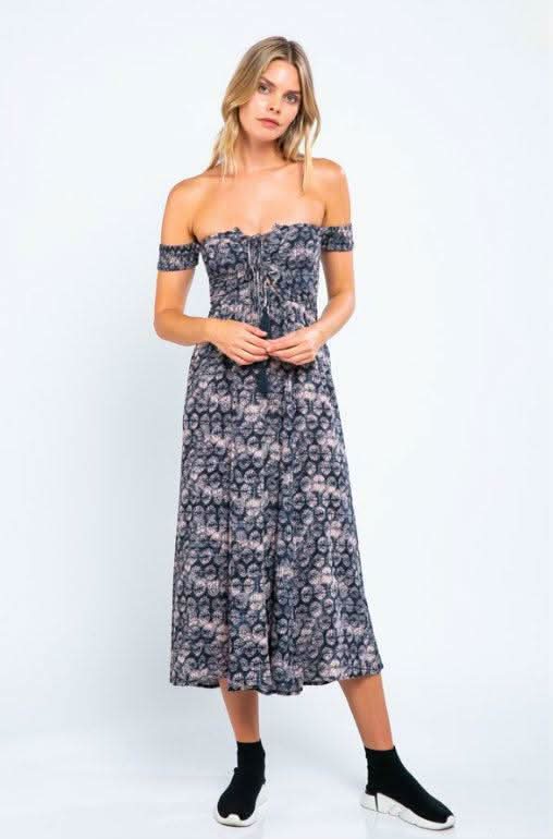 Allison Off-the-Shoulder Navy and Blush Print Jumpsuit