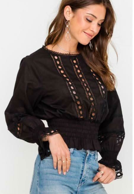 Clara Black Eyelet Lace Smocked Top