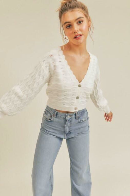 Lush White Pointelle Knit Cropped Cardigan Sweater