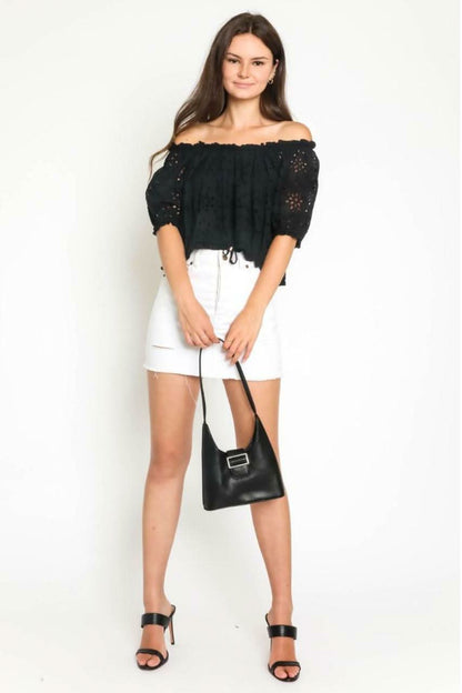Kaylee Black Eyelet Off-the-Shoulder Crop Top