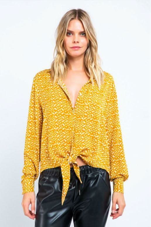 Blake Mustard Print Tie-Front Button-Up Top