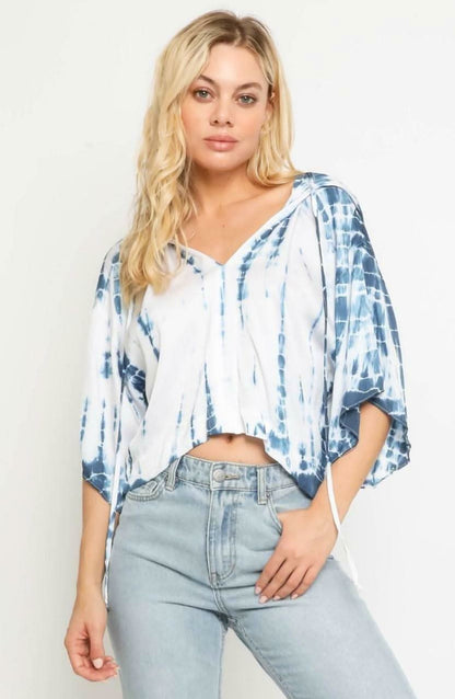 Baja Boho Blue and White Tie-Dye Hooded Top