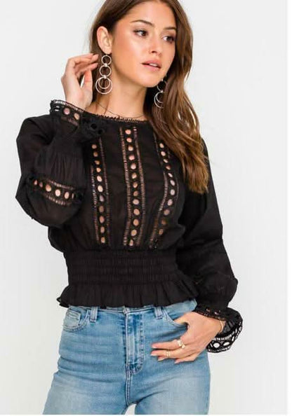 Clara Black Eyelet Lace Smocked Top