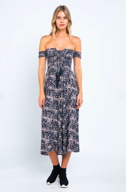 Allison Off-the-Shoulder Navy and Blush Print Jumpsuit