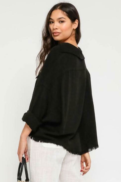 Beach Please Black Frayed Button-Up Top