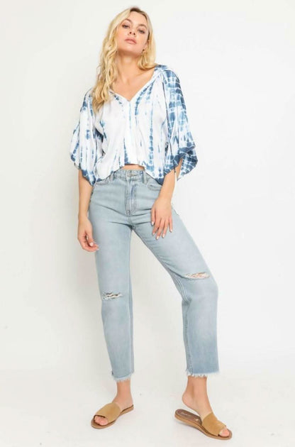 Baja Boho Blue and White Tie-Dye Hooded Top